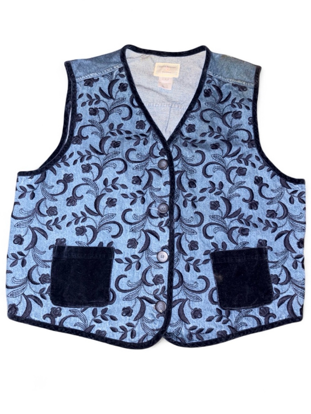 Susan Bristol Vintage Floral Embroidered Denim Vest with Velvet Pockets